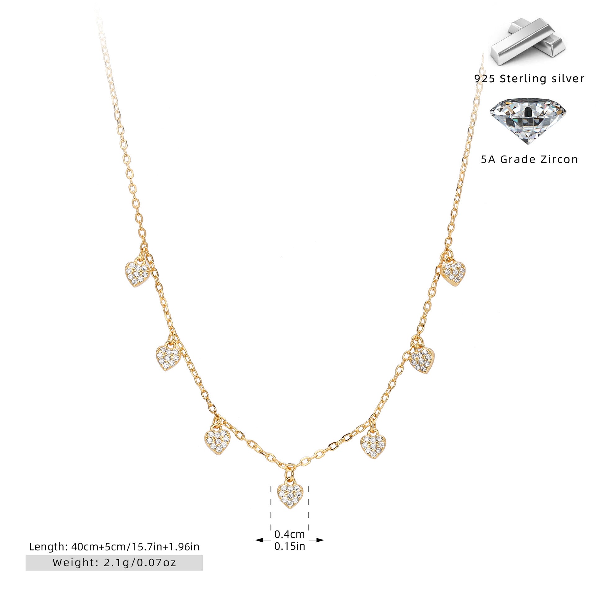 Damen Halskette mit herzförmigen Zirkonanhängern und feiner Gliederung Shop Nory