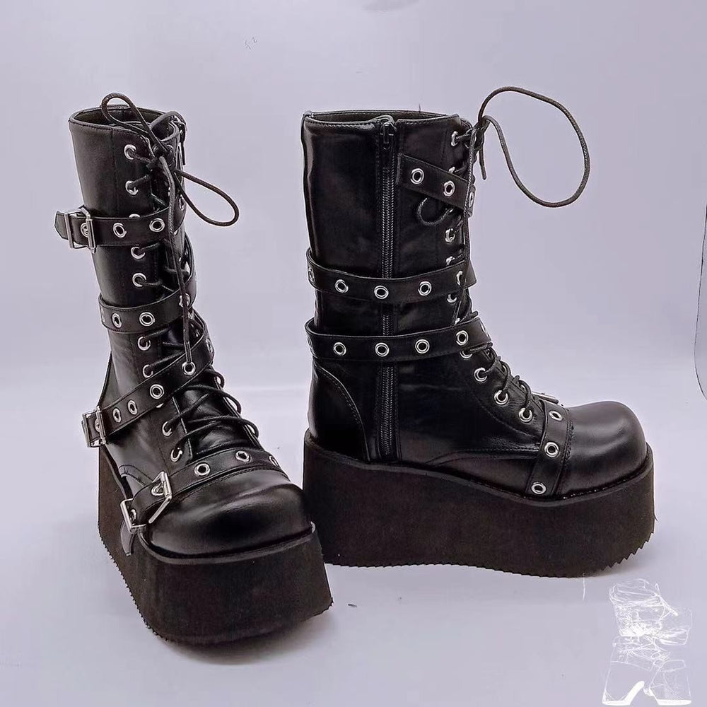 Damen plateau Combatstiefel mit Schnallen Ösen Schnürung und seitlichem Reißverschluss Shop Nory
