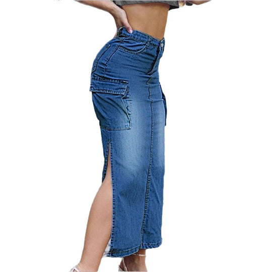 Damen Hochtaillierter Denim-Midirock mit Cargo‑Taschen, seitlichen Beinschlitzen und taillenbetonendem Schnitt Shop Nory