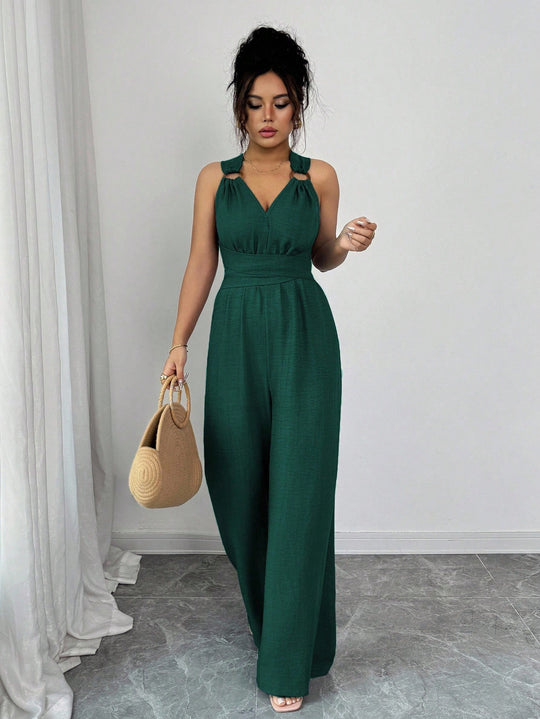 Damen Jumpsuit mit weitem Bein, tailliertem Wickelband und Ösen-Trägern Shop Nory