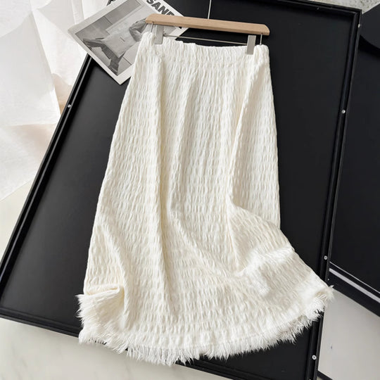 Damen Langer Strickrock mit fransigem Saum und strukturiertem Design Shop Nory