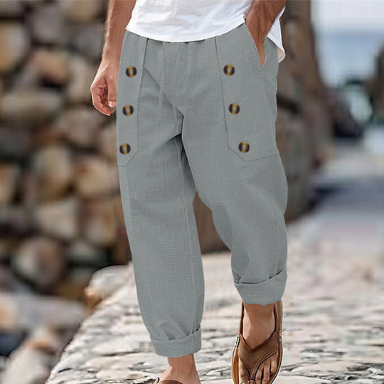 Herren Bequeme Leinenhose mit seitlichen Knöpfen und elastischem Bund