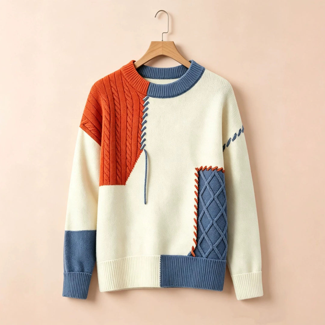 Damen Oversize Strickpullover im Patchwork‑Design mit Zopfmuster‑Einsätzen Shop Nory