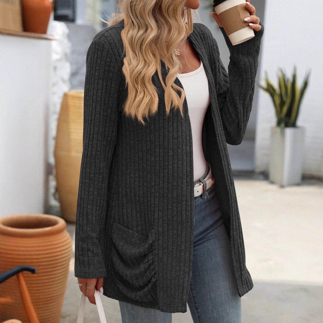 Damen Gerippter Longcardigan mit offenen Kanten, Eingrifftaschen und lockerer Passform Shop Nory