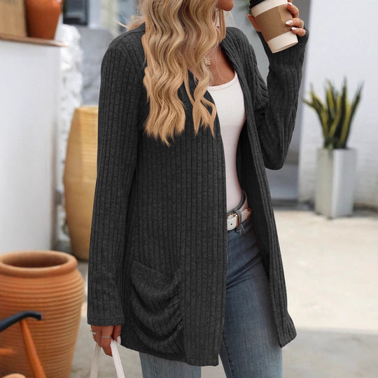 Damen Gerippter Longcardigan mit offenen Kanten, Eingrifftaschen und lockerer Passform Shop Nory