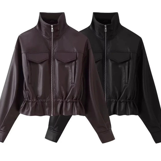 Damen gekürzte Kunstlederjacke mit Stehkragen, Reißverschluss und taillierendem Smok Shop Nory