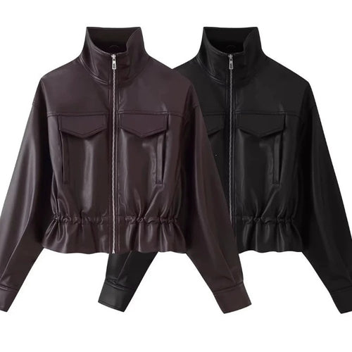 Damen gekürzte Kunstlederjacke mit Stehkragen, Reißverschluss und taillierendem Smok Shop Nory
