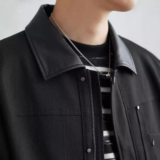 Herren Boxy-Zipjacke aus strukturiertem Baumwollmix mit Lederkragen und verdeckter Druckknopfblende Shop Nory