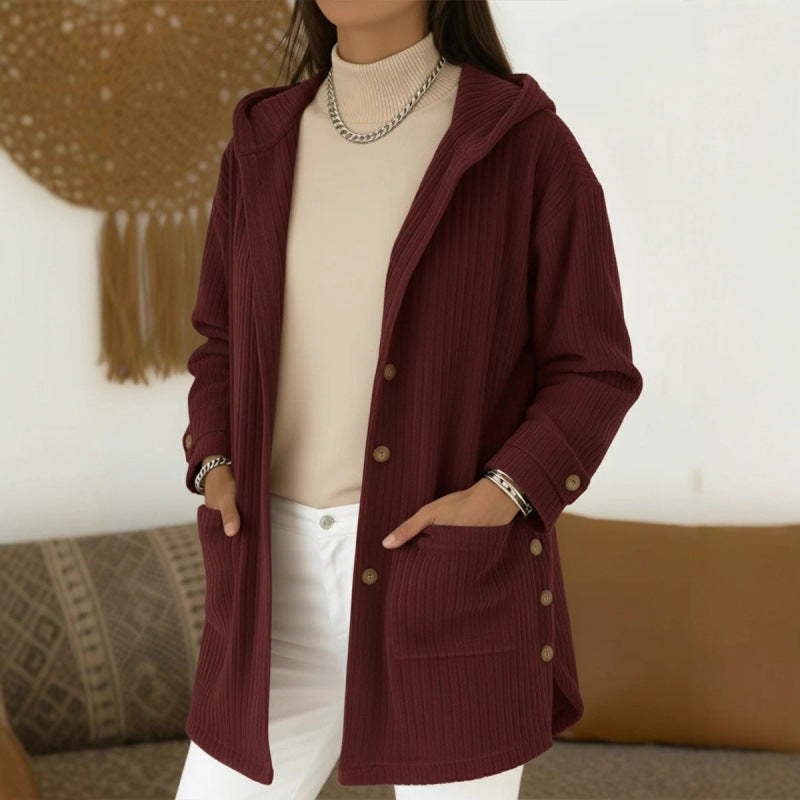 Damen Langer Kapuzen-Strickcardigan mit Rippenstruktur, Knopfleiste und Seitentaschen Shop Nory