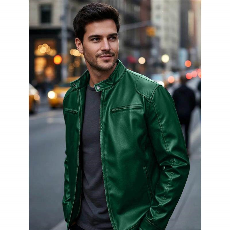 Herren Biker‑Style Kunstlederjacke mit Stehkragen und Reißverschlusstaschen Shop Nory