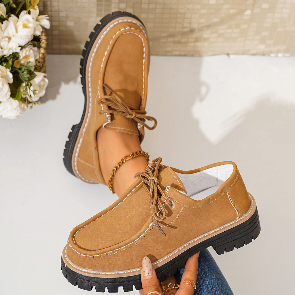 Damen modische Schnürschuhe mit robustem Profil und feinem Lederobermaterial