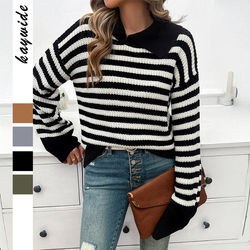 Damen nan gestreifter Polokragen-Strickpullover mit weitem Saum und ausgestellten Bündchen Shop Nory