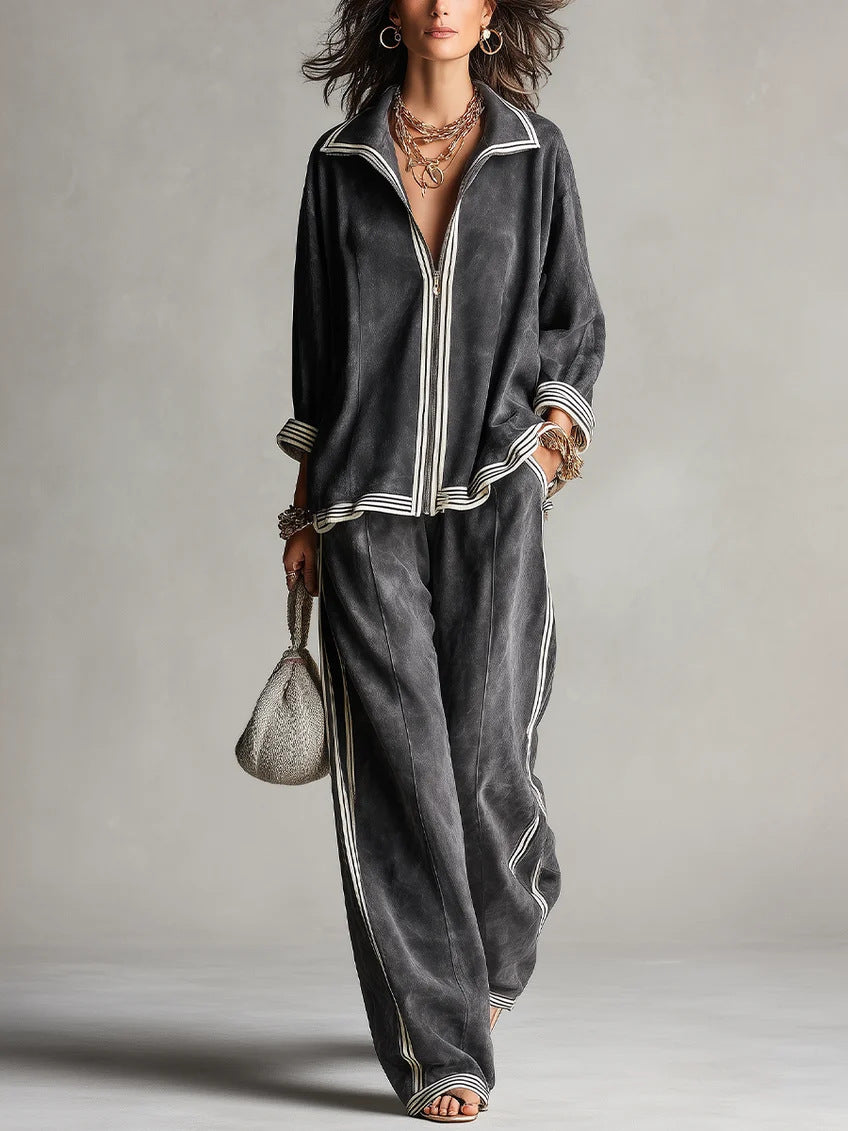Damen Lässiges Velours-Jogginganzug-Set mit Reißverschluss und Kontraststreifen Shop Nory
