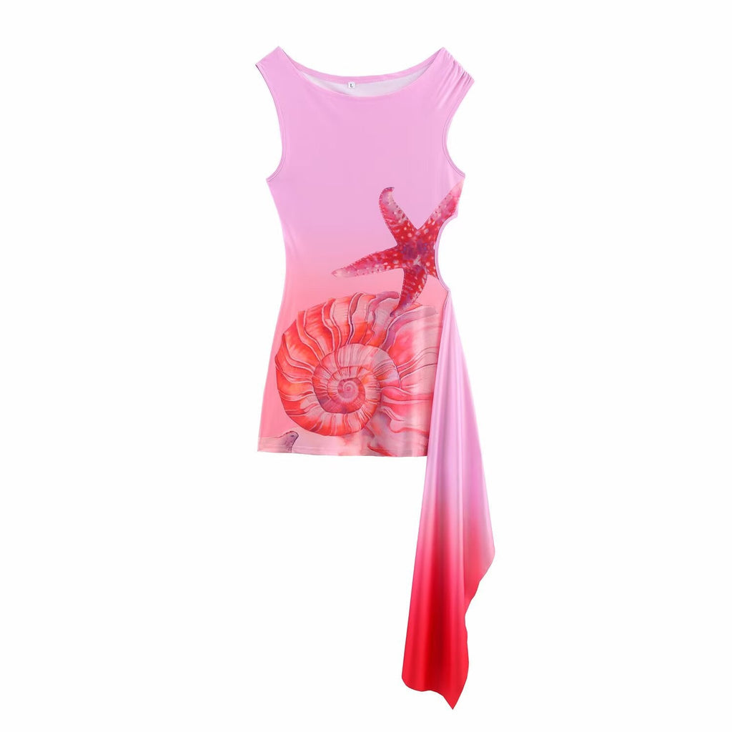 Damen ärmelloses Strandkleid mit maritimen Motiven und asymmetrischem Saum