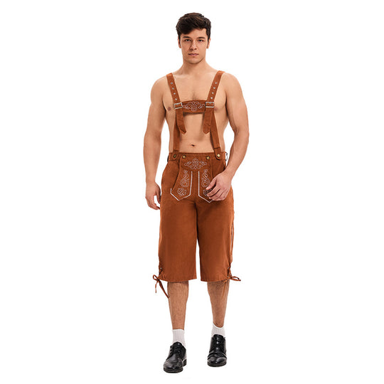Herren nan knielange traditionelle Lederhose mit besticktem Brustlatz und verstellbaren Trägern Shop Nory