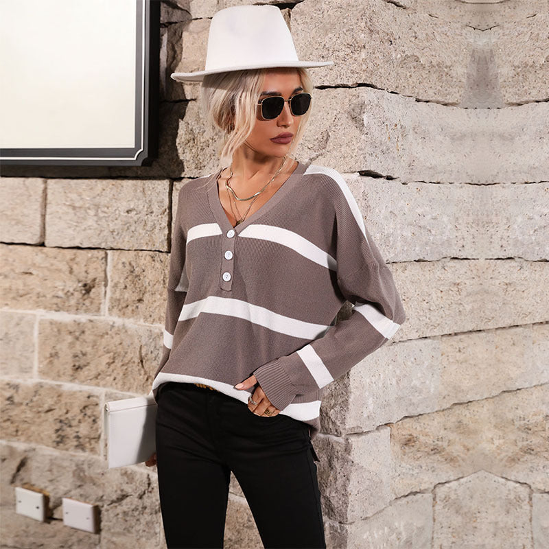 Damen Oversize V-Ausschnitt Strickpullover mit Knopfleiste und Blockstreifen Shop Nory