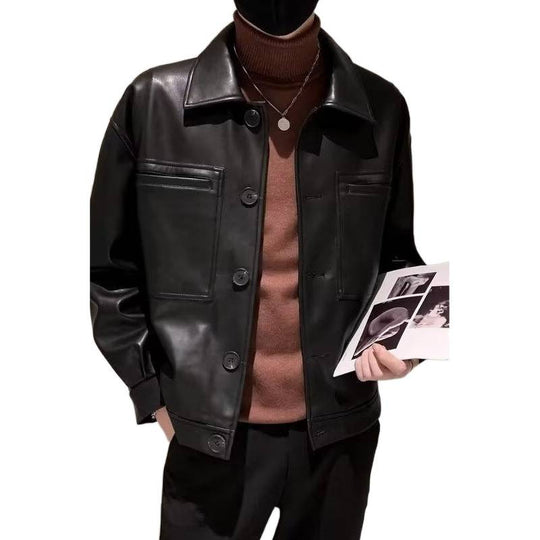 Herren Boxy Overshirt aus Lederoptik mit Hemdkragen und aufgesetzten Brusttaschen Shop Nory
