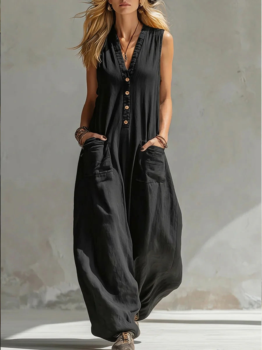 Damen Jumpsuit mit tiefem V-Ausschnitt und praktischen Taschen