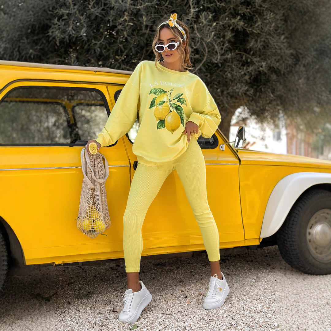 Damen lässiges Sweatshirt-Set mit Zitronenprint und gerippten Leggings Shop Nory