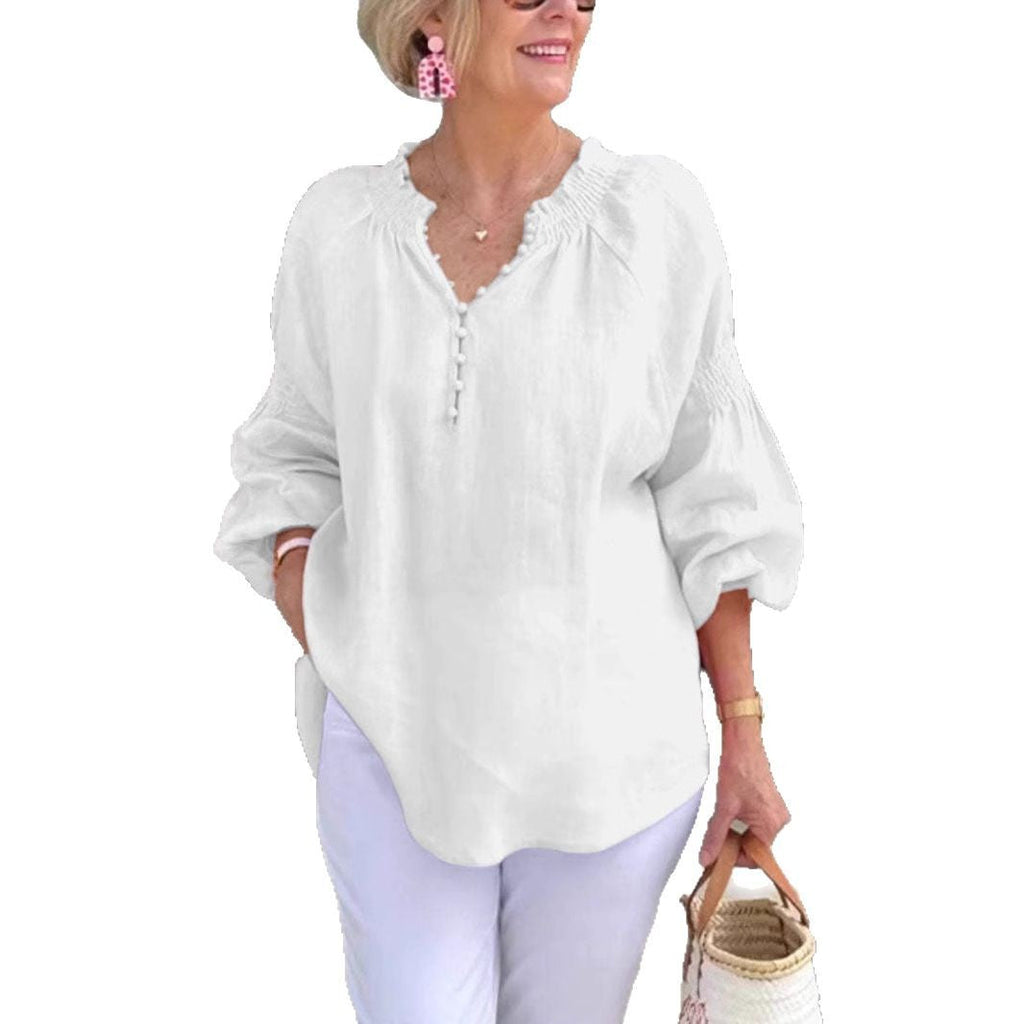 Damen Leichte Bluse mit elastischen Puffärmeln und Knopfleiste