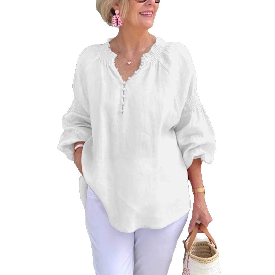 Damen Leichte Bluse mit elastischen Puffärmeln und Knopfleiste