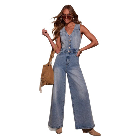 Damen Weitgeschnittene Denim-Latzhose mit Knopfdetails und regulierbarem Bund