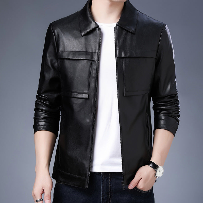 Herren Slim‑Fit Lederoptik-Truckerjacke mit Hemdkragen, verdecktem Reißverschluss und Pattentaschen Shop Nory
