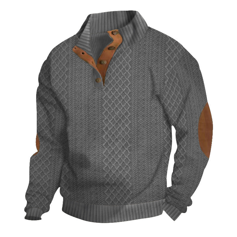Herren nan grober Strickpullover mit Stehkragen Lederbesatz und Ellenbogenaufnähern Shop Nory