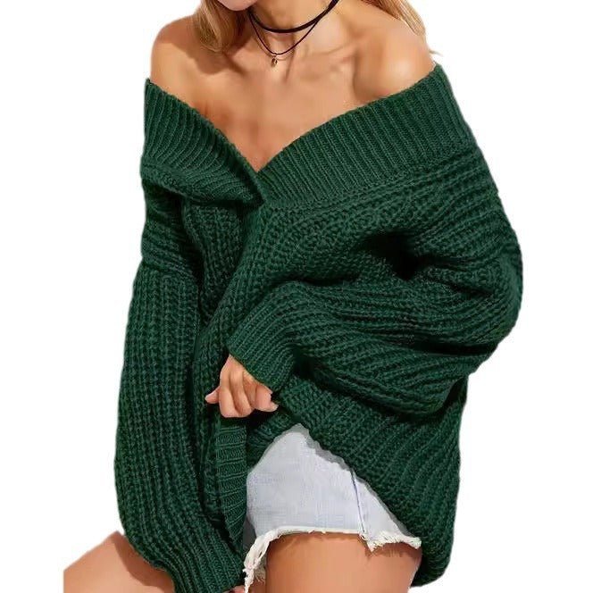 Damen Oversized Strickpullover mit V-Ausschnitt und breiten Ärmeln