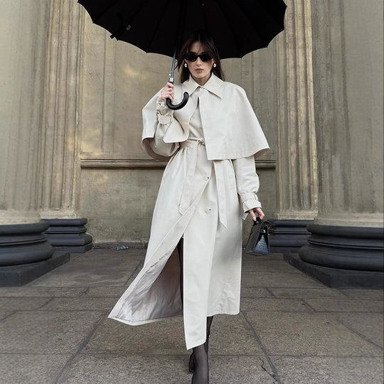 Damen Langer Taillierter Trenchcoat mit abnehmbarem Cape und Bindegürtel Shop Nory