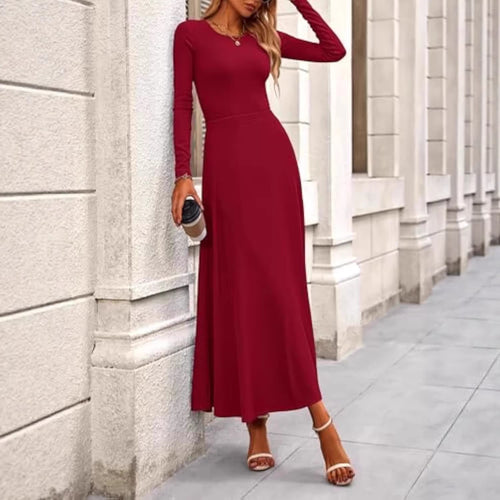 Damen Langärmeliges Maxikleid mit tailliertem Oberteil und fließendem A-Linien-Rock Shop Nory