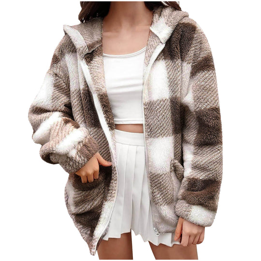 Damen nan dicke Karo-Teddyjacke mit Kapuze, Frontreißverschluss und aufgesetzten Taschen Shop Nory