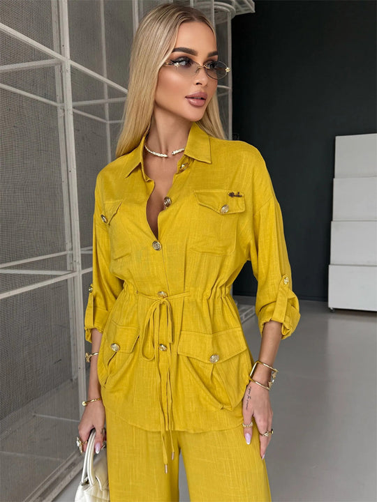 Damen Leinenoptik Utility-Hemdjacke mit Tunnelzugtaillierung und goldenen Zierknöpfen Shop Nory