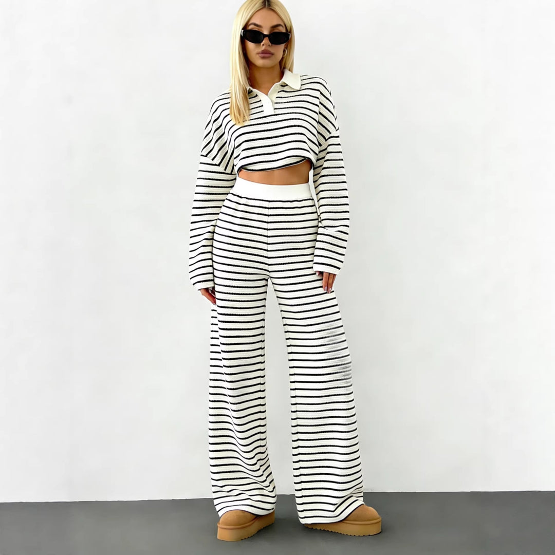 Damen Gestreifter Strickpullover mit Polokragen und Oversize-Ärmeln Shop Nory