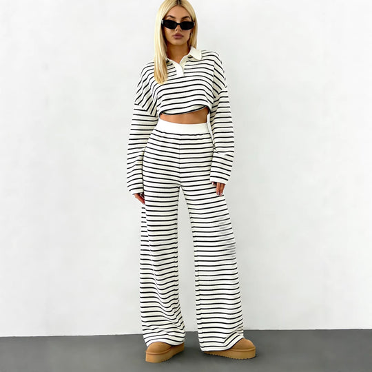 Damen Gestreifter Strickpullover mit Polokragen und Oversize-Ärmeln Shop Nory