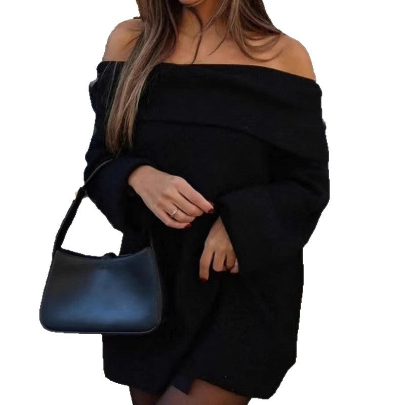 Damen Oversized Strickkleid mit schulterfreier Form und langen Ärmeln