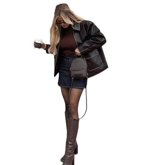 Damen Kurze Lederimitatjacke im Aviator-Look mit kontrastierenden Ziernähten Shop Nory