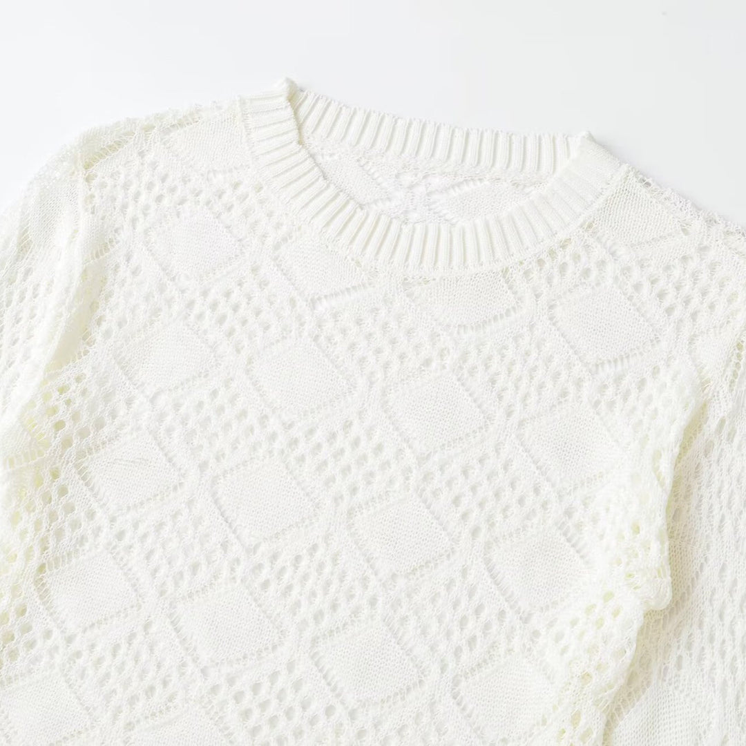 Damen Lochstrick-Pullover mit Rautenmuster und Rundhalsausschnitt Shop Nory
