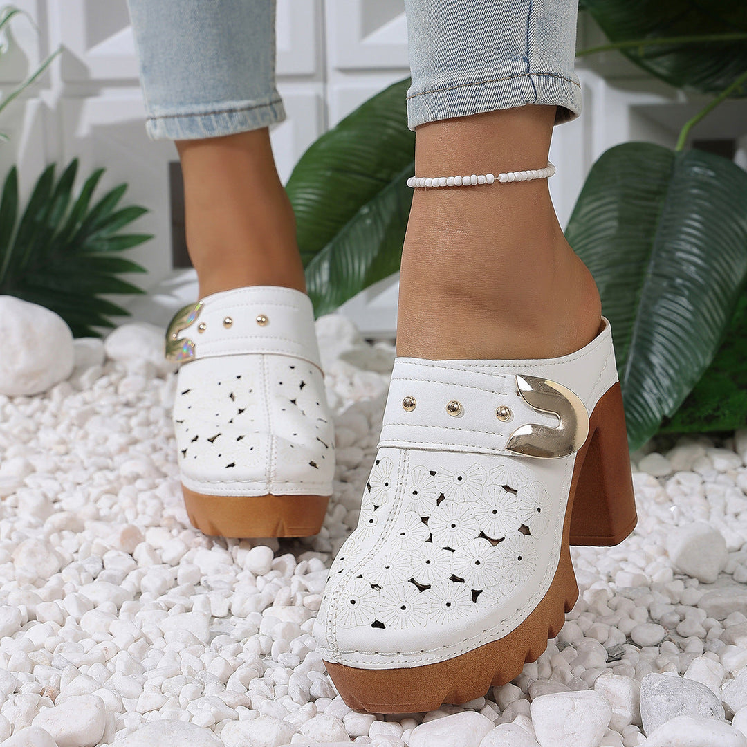 Damen modische Clogs mit perforiertem Design und elegantem Blockabsatz