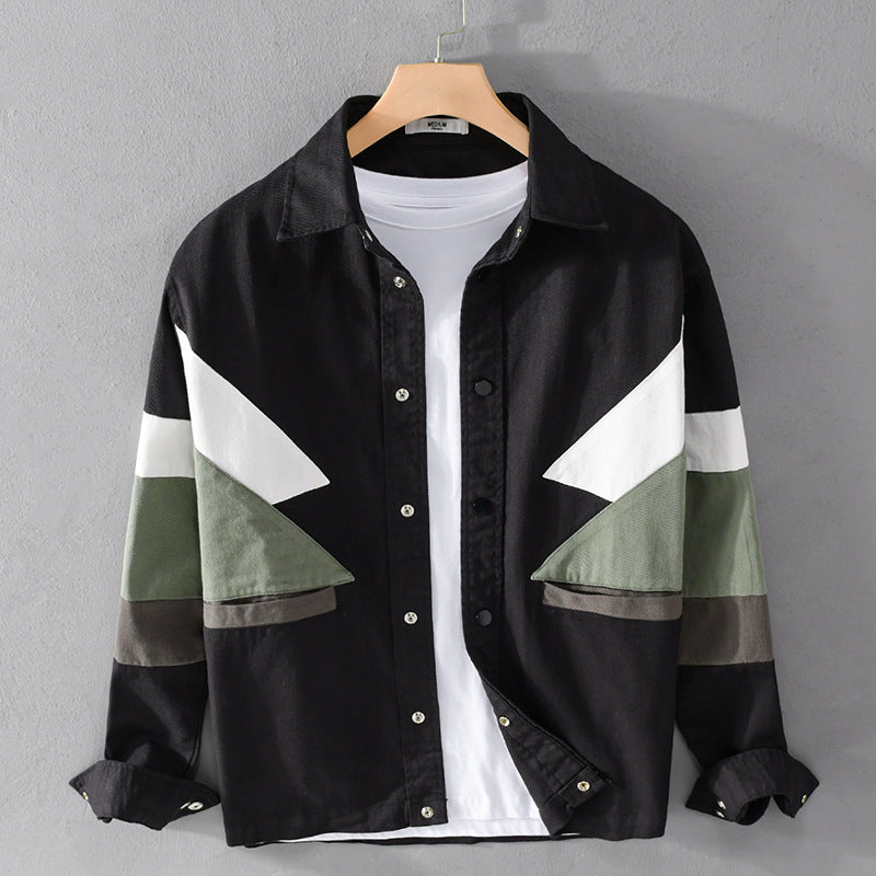 Herren Baumwoll-Overshirt im Layering-Stil mit geometrischen Colorblock-Einsätzen und Druckknopf-Leiste Shop Nory