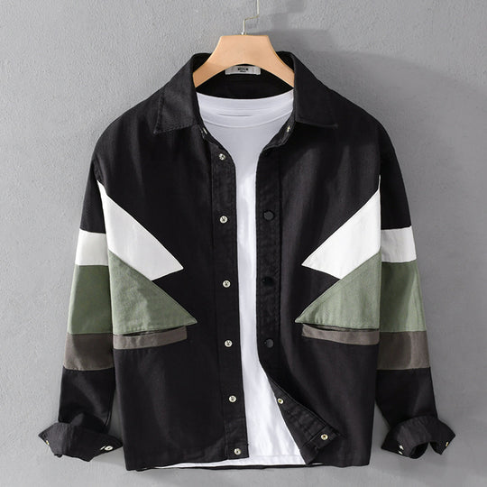 Herren Baumwoll-Overshirt im Layering-Stil mit geometrischen Colorblock-Einsätzen und Druckknopf-Leiste Shop Nory