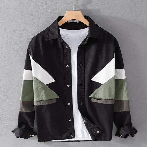 Herren Baumwoll-Overshirt im Layering-Stil mit geometrischen Colorblock-Einsätzen und Druckknopf-Leiste Shop Nory