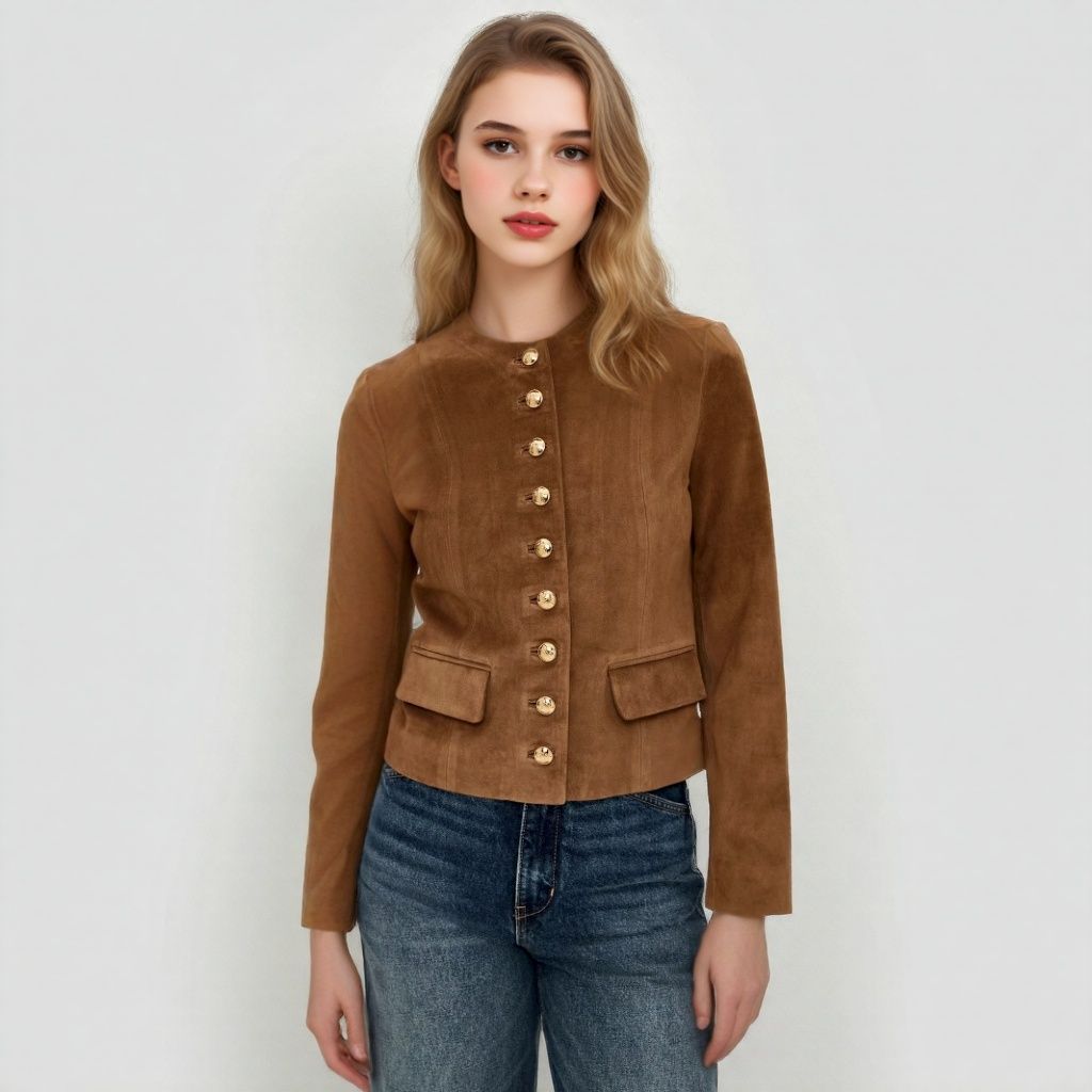 Damen Taillierte Wildlederoptik‑Jacke mit Stehkragen und Zierknopfleiste Shop Nory