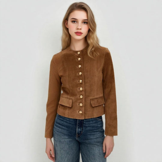 Damen Taillierte Wildlederoptik‑Jacke mit Stehkragen und Zierknopfleiste Shop Nory