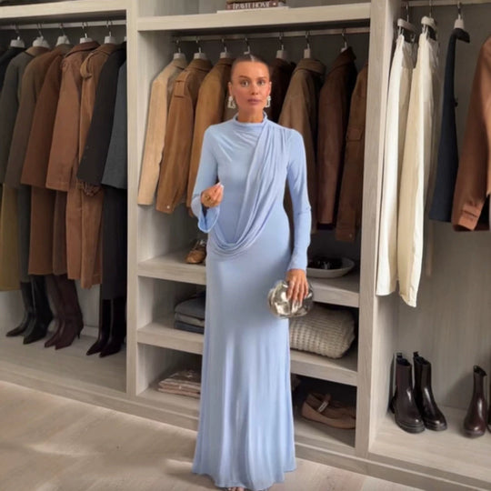 Damen Maxikleid mit Drapierter Front, Stehkragen und Glockenärmeln Shop Nory
