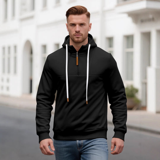 Herren Halbzip-Kapuzenpullover mit Stehkragen, Kordelzug und Lederdetails Shop Nory