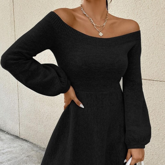 Damen Schulterfreies Feinstrick-Kleid mit taillierter Passform und Ballonärmeln Shop Nory