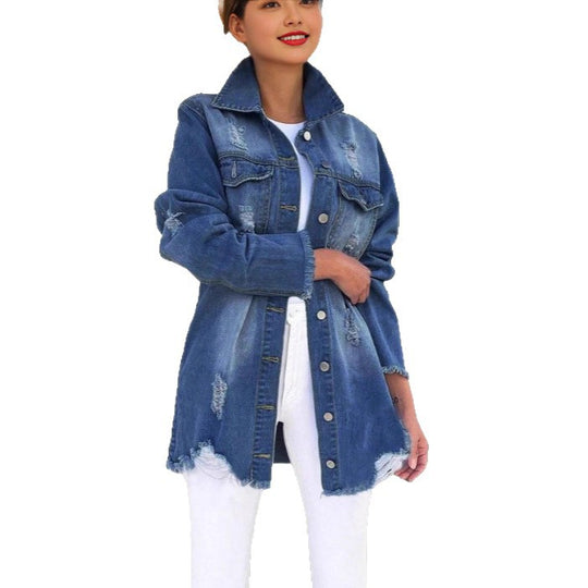 Damen Oversize-Jeansjacke mit Destroyed-Details, Fransensaum und verdeckter Knopfleiste Shop Nory