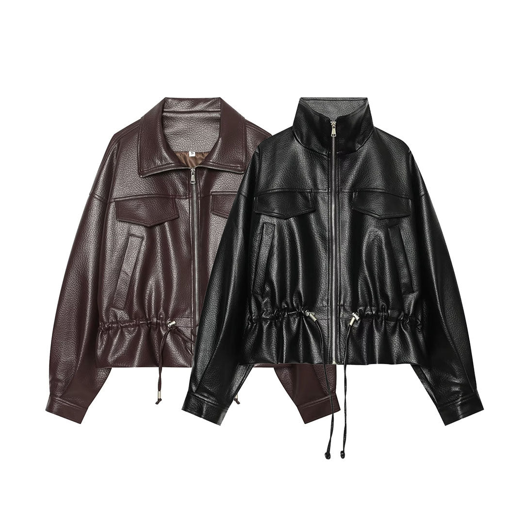 Damen Cropped Kunstlederblouson mit hohem Stehkragen, Pattentaschen und Tunnelzug Shop Nory