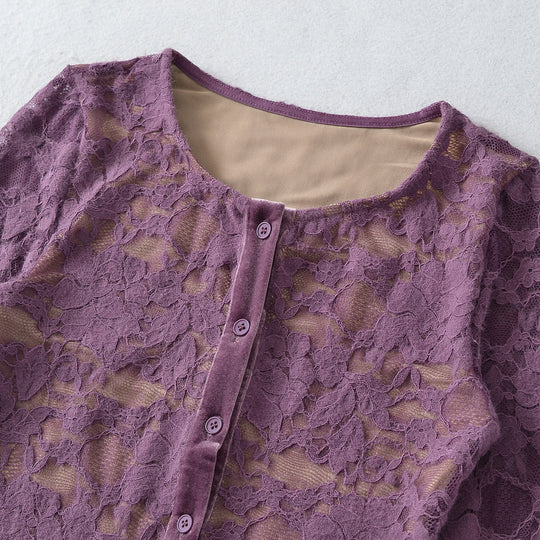 Damen Feiner Spitzen-Cardigan mit passendem Untertop und Samtbesatz Shop Nory